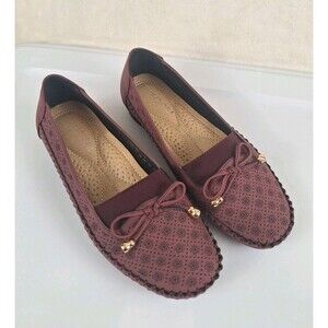 Kecom Leather Slip On Loafer Moccasin Womans Shoe Size 7 Maroon Red Floral Gold